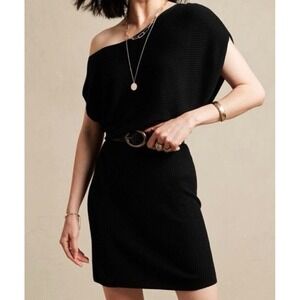 NWT Banana Republic Black Ribbed Knit Asymmetrical Midi Sweater Dress M Petite